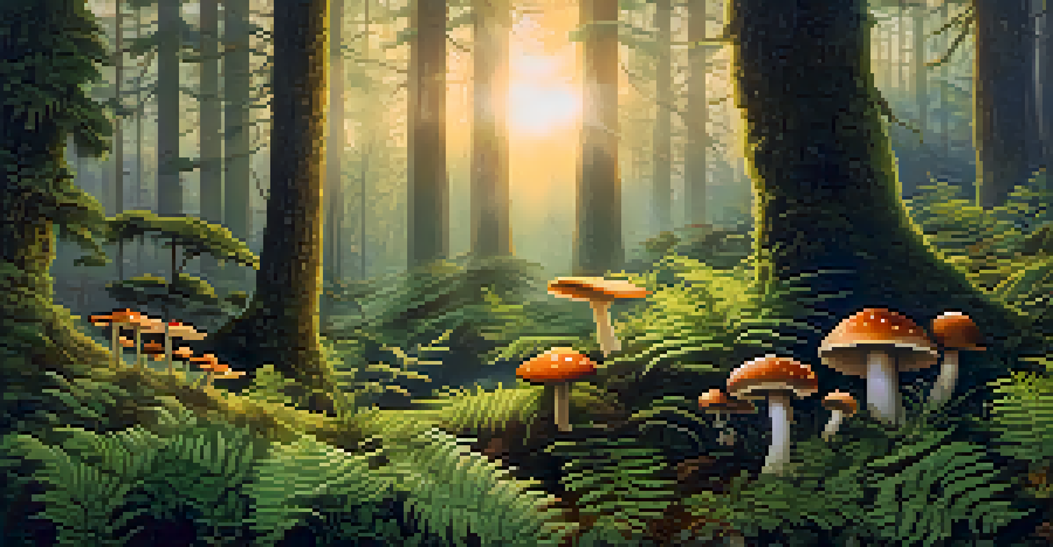 A tranquil forest scene at sunrise, featuring various mushrooms and lush greenery.
