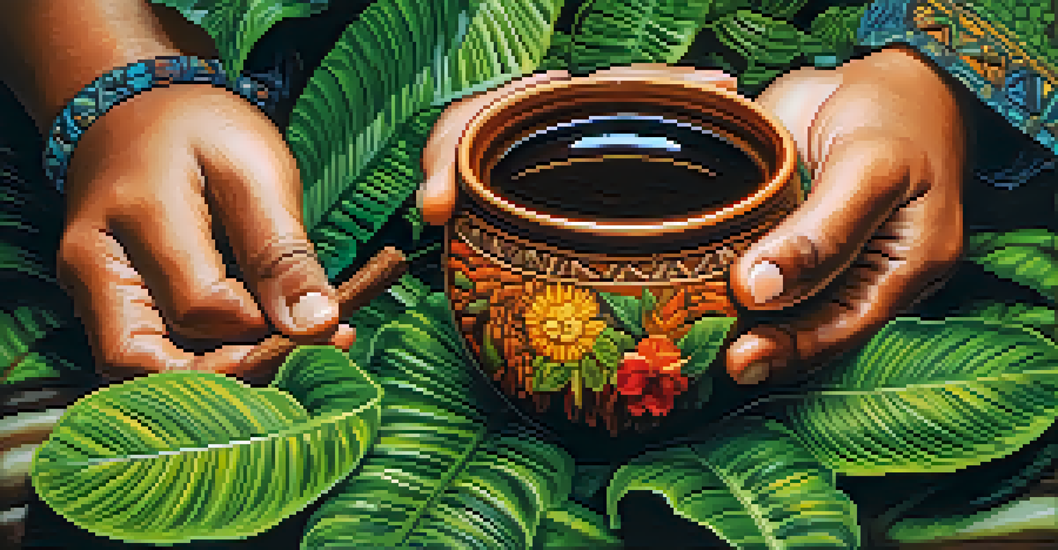 Close-up of hands holding ayahuasca brew in a ceramic cup, surrounded by tropical plants.