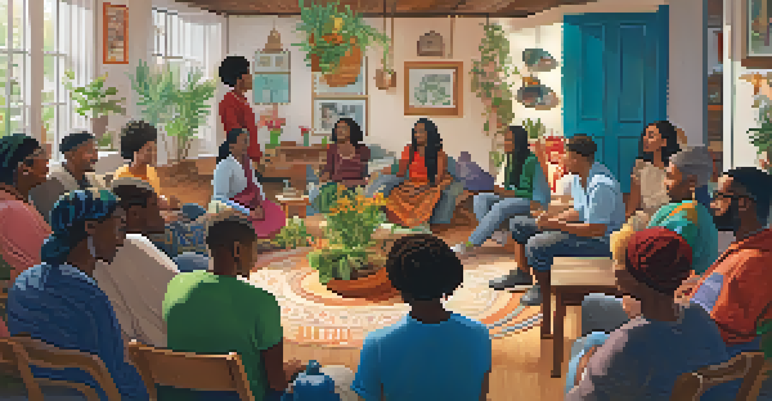 A community gathering in a warm room, with diverse individuals sharing stories in a circle.