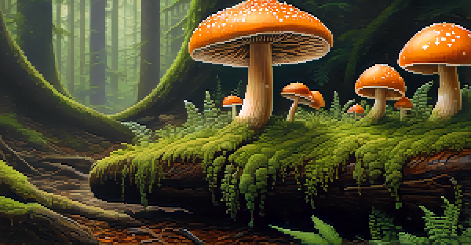 A close-up of a colorful psilocybin mushroom on a mossy log in the forest.