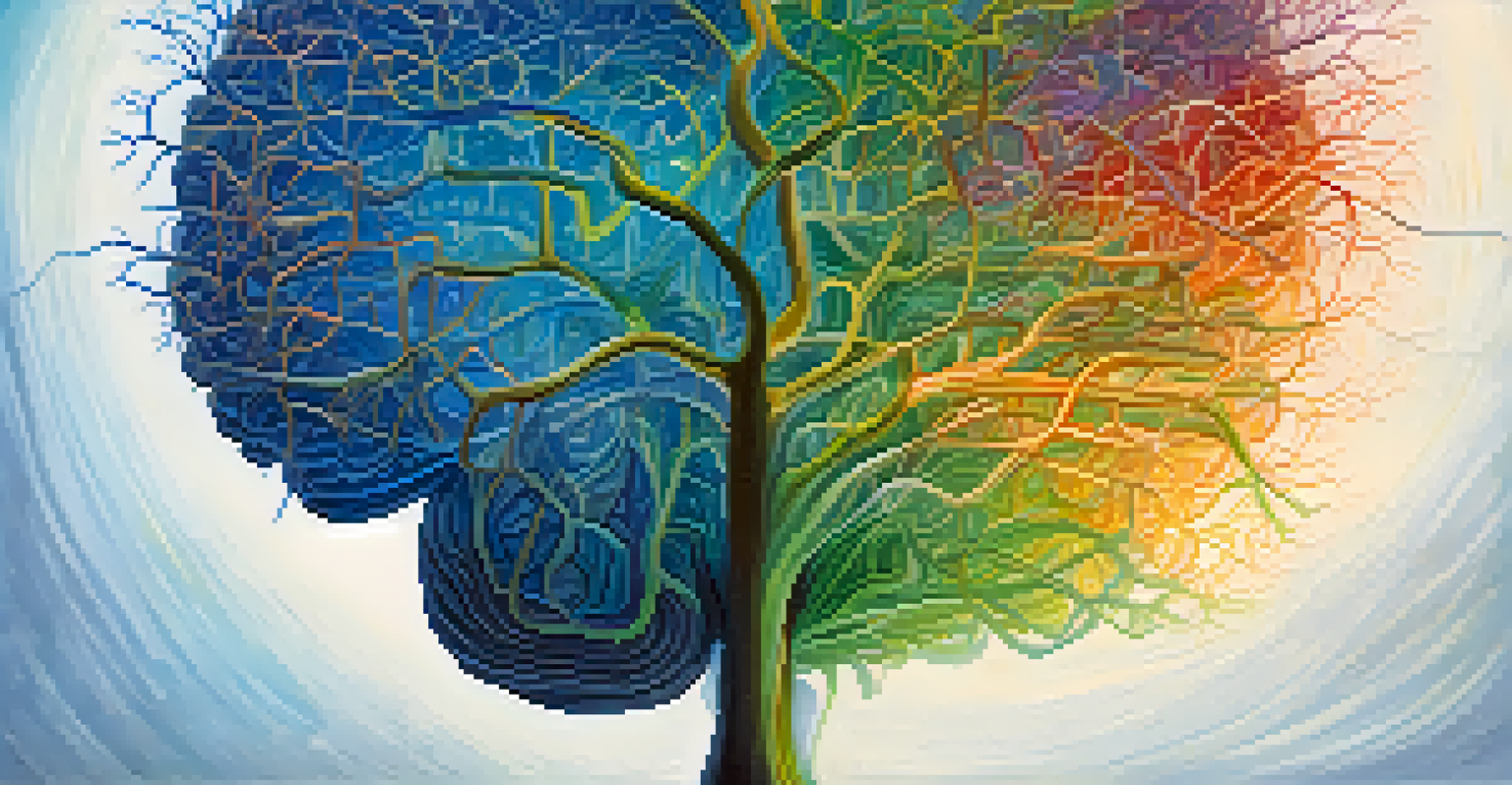 An artistic depiction of a human brain with colorful glowing neural connections on a soft blue and green background.
