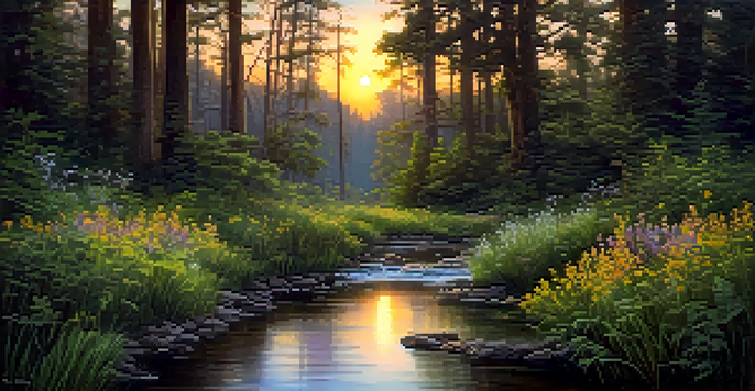 A peaceful forest at dusk with sunlight filtering through trees and a stream reflecting the sunset.