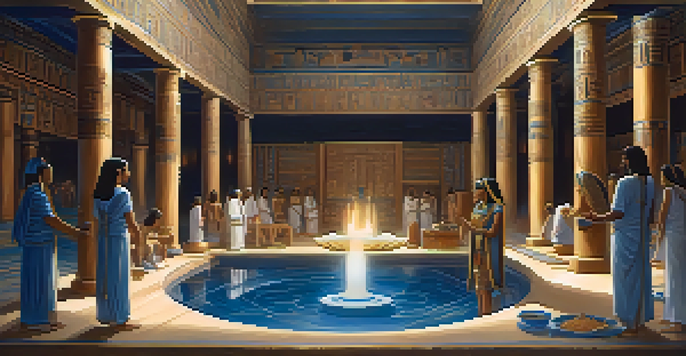 An ancient Egyptian temple interior with priests and priestesses conducting a healing ritual, illuminated by candlelight and featuring blue lotus flowers.