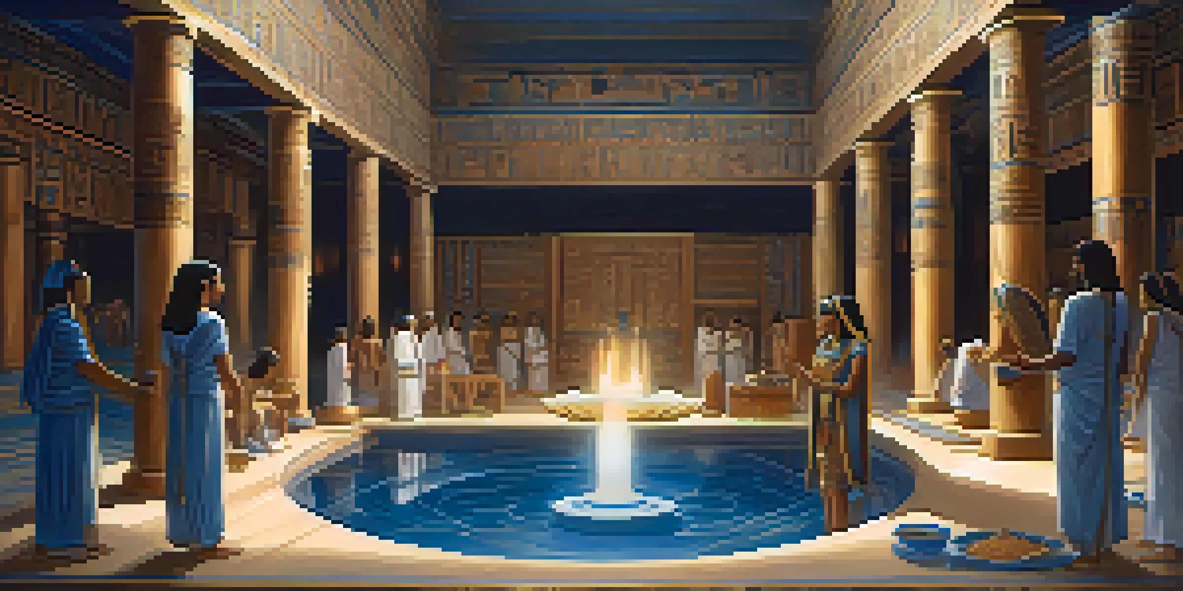 An ancient Egyptian temple interior with priests and priestesses conducting a healing ritual, illuminated by candlelight and featuring blue lotus flowers.