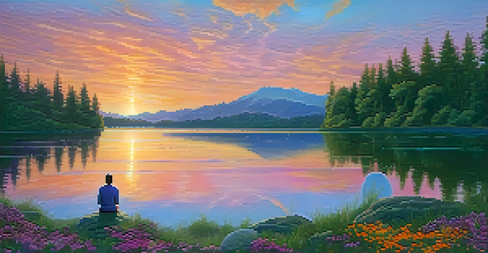 A person meditating on a rock by a peaceful lake during a colorful sunset, surrounded by greenery and flowers.