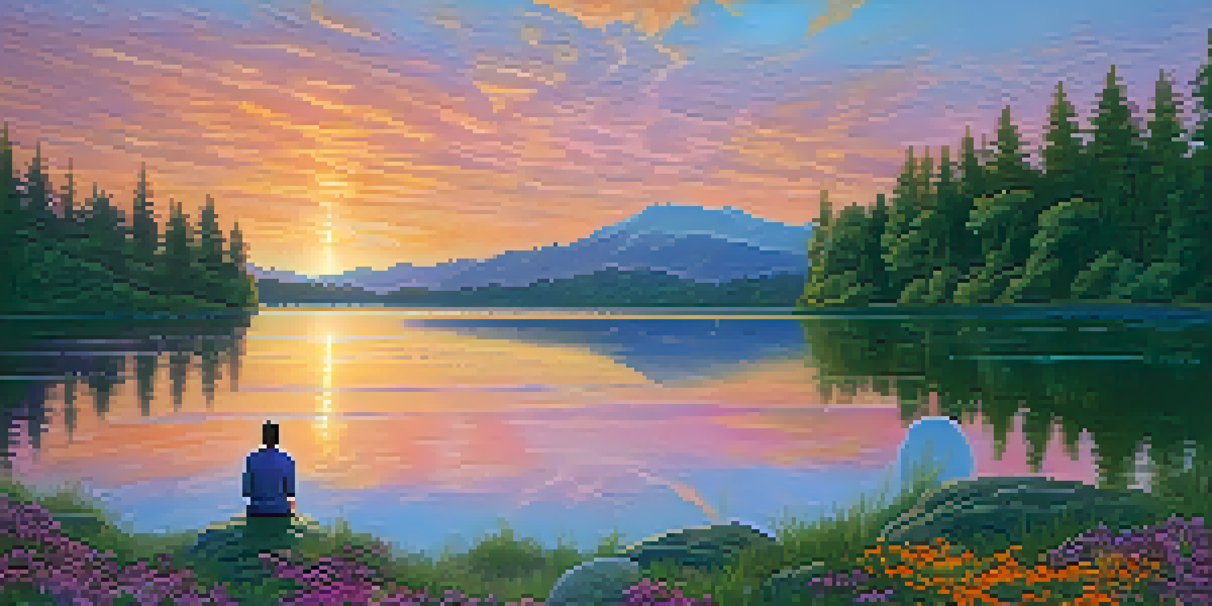 A person meditating on a rock by a peaceful lake during a colorful sunset, surrounded by greenery and flowers.
