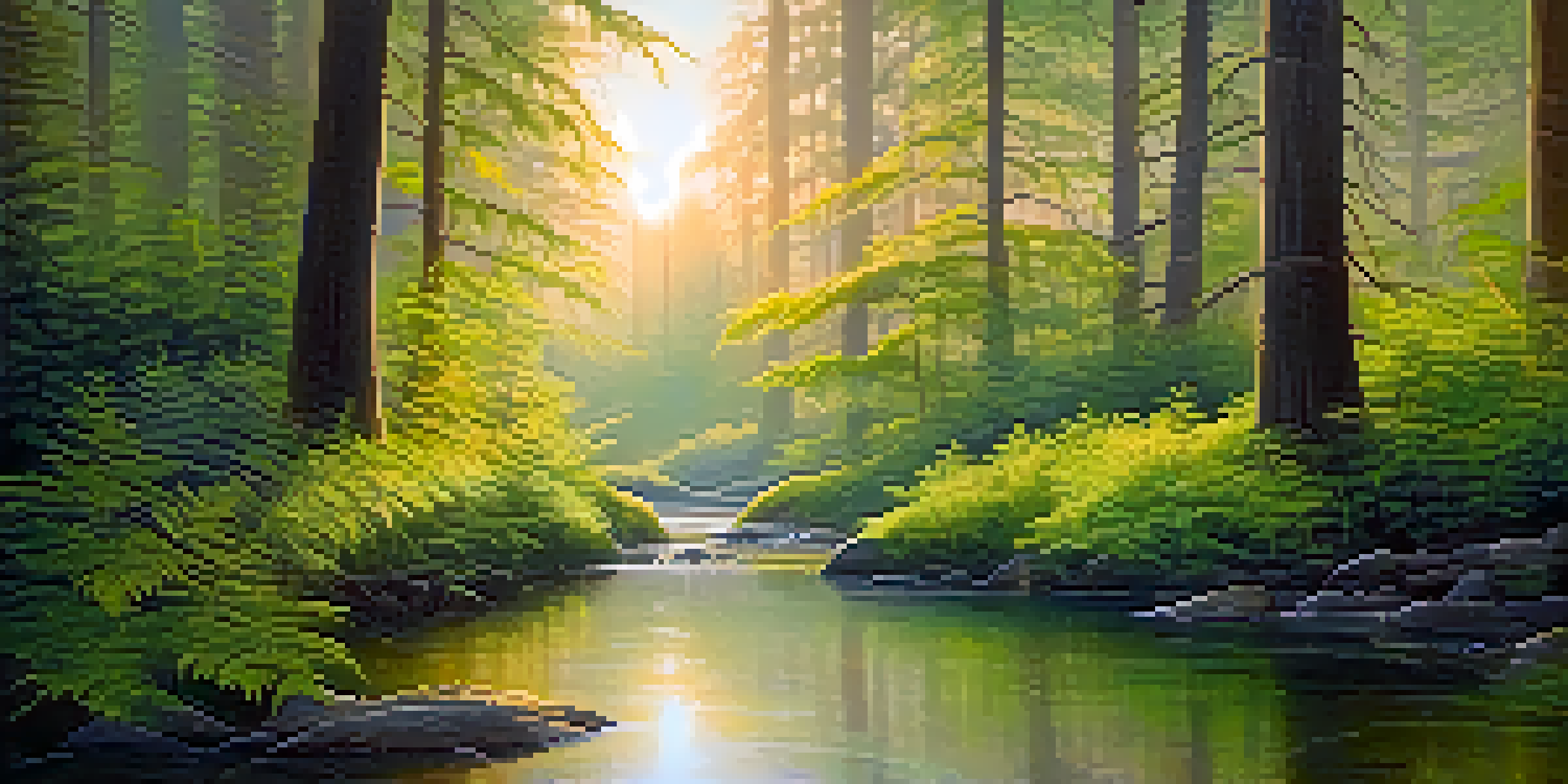 A tranquil forest at dawn with golden light, green ferns, and wildflowers, surrounded by mist and a reflecting stream.