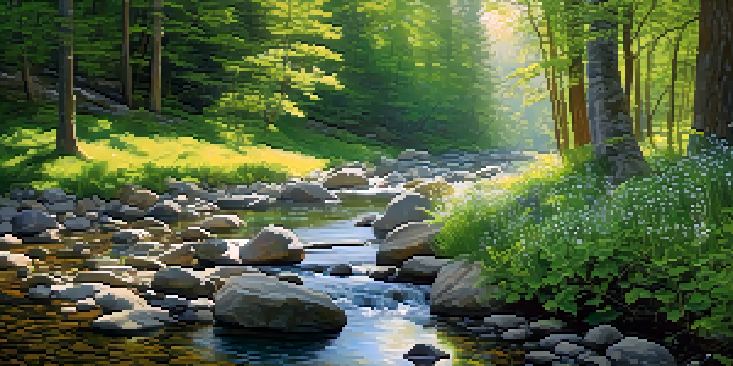 A peaceful forest with sunlight filtering through trees, a gentle stream, and blooming wildflowers.