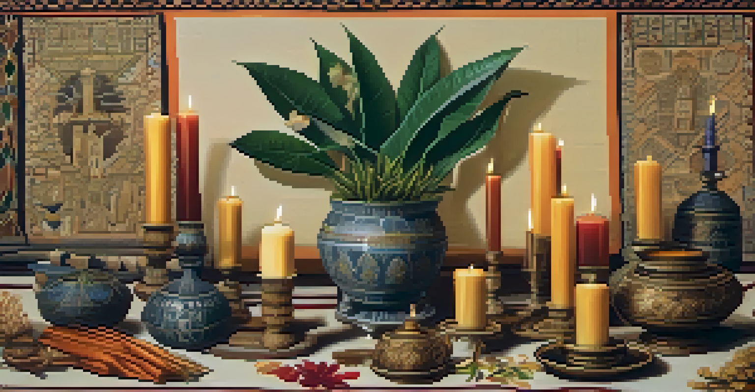 A display of sacred plants on a woven cloth with candles, symbolizing their cultural importance.