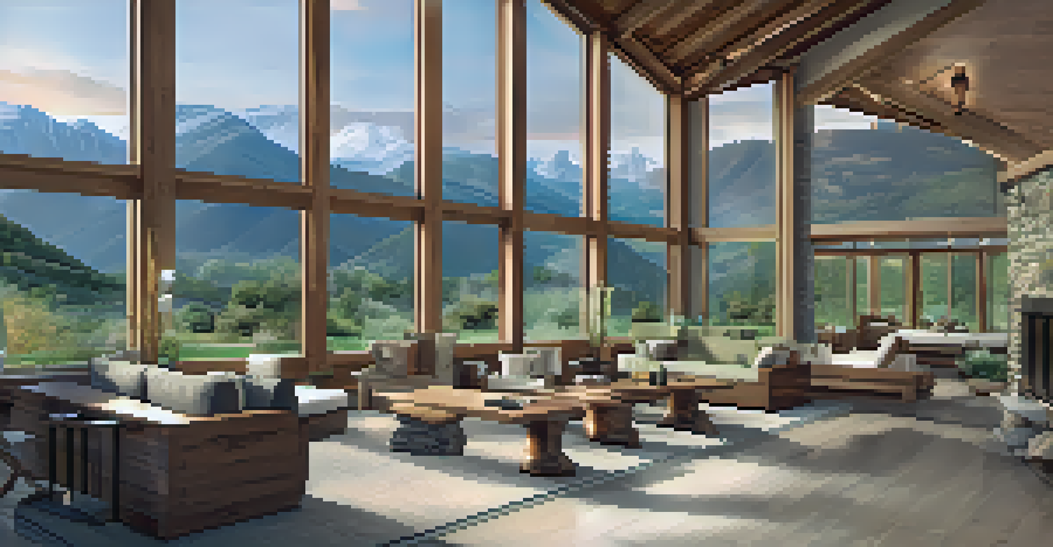 A modern wellness retreat center in the mountains with large windows showing beautiful views, featuring natural wood and stone interiors.