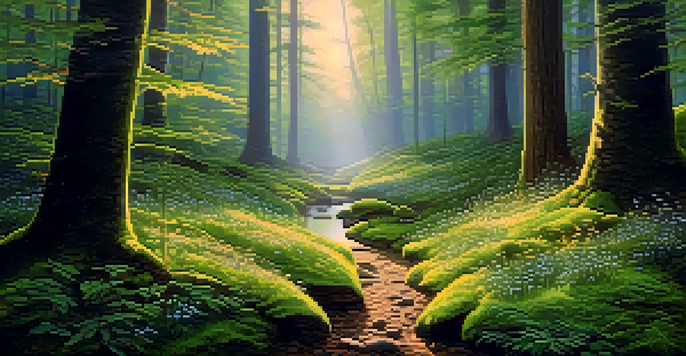 A tranquil forest at dawn with sunlight filtering through trees, moss-covered ground, wildflowers, and a stream, featuring psilocybin mushrooms.
