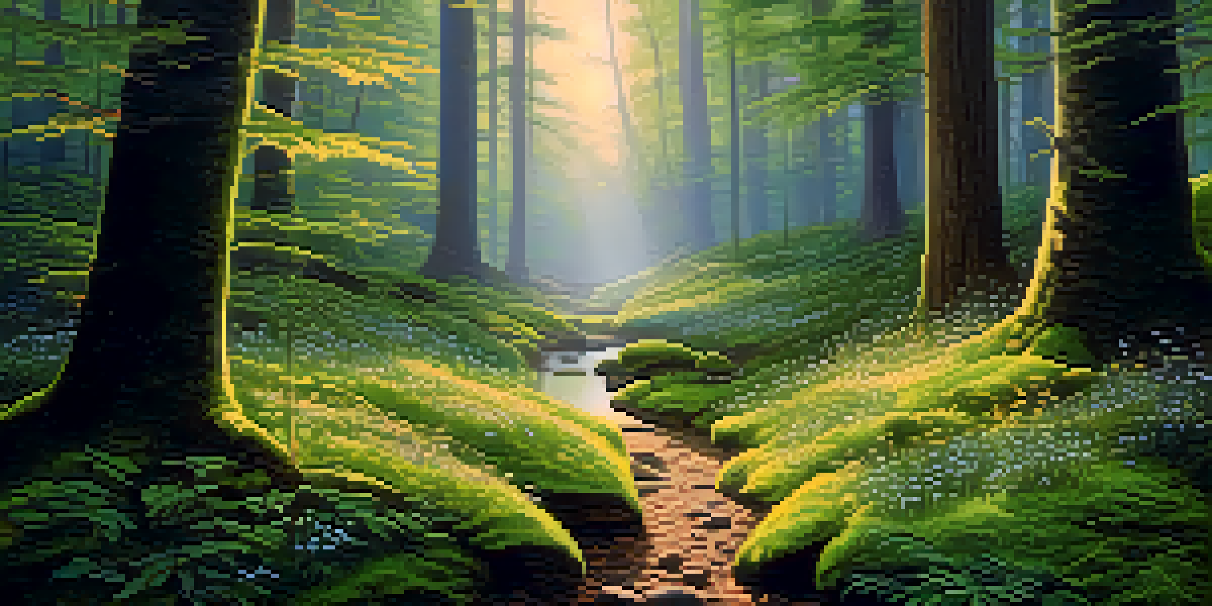 A tranquil forest at dawn with sunlight filtering through trees, moss-covered ground, wildflowers, and a stream, featuring psilocybin mushrooms.