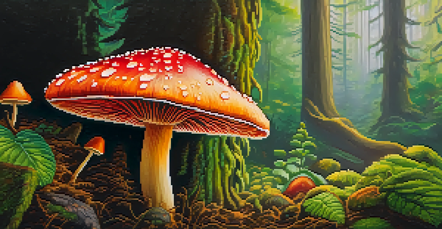 A close-up view of a colorful psychedelic mushroom with intricate patterns, surrounded by green foliage and dew drops.