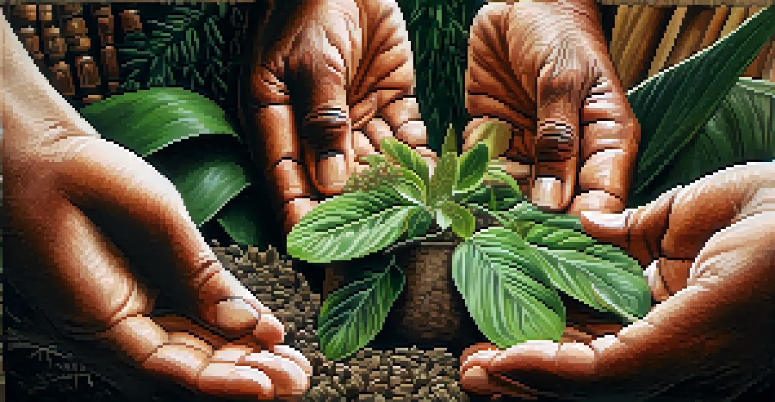 Close-up of hands holding an indigenous plant with blurred background of community members.
