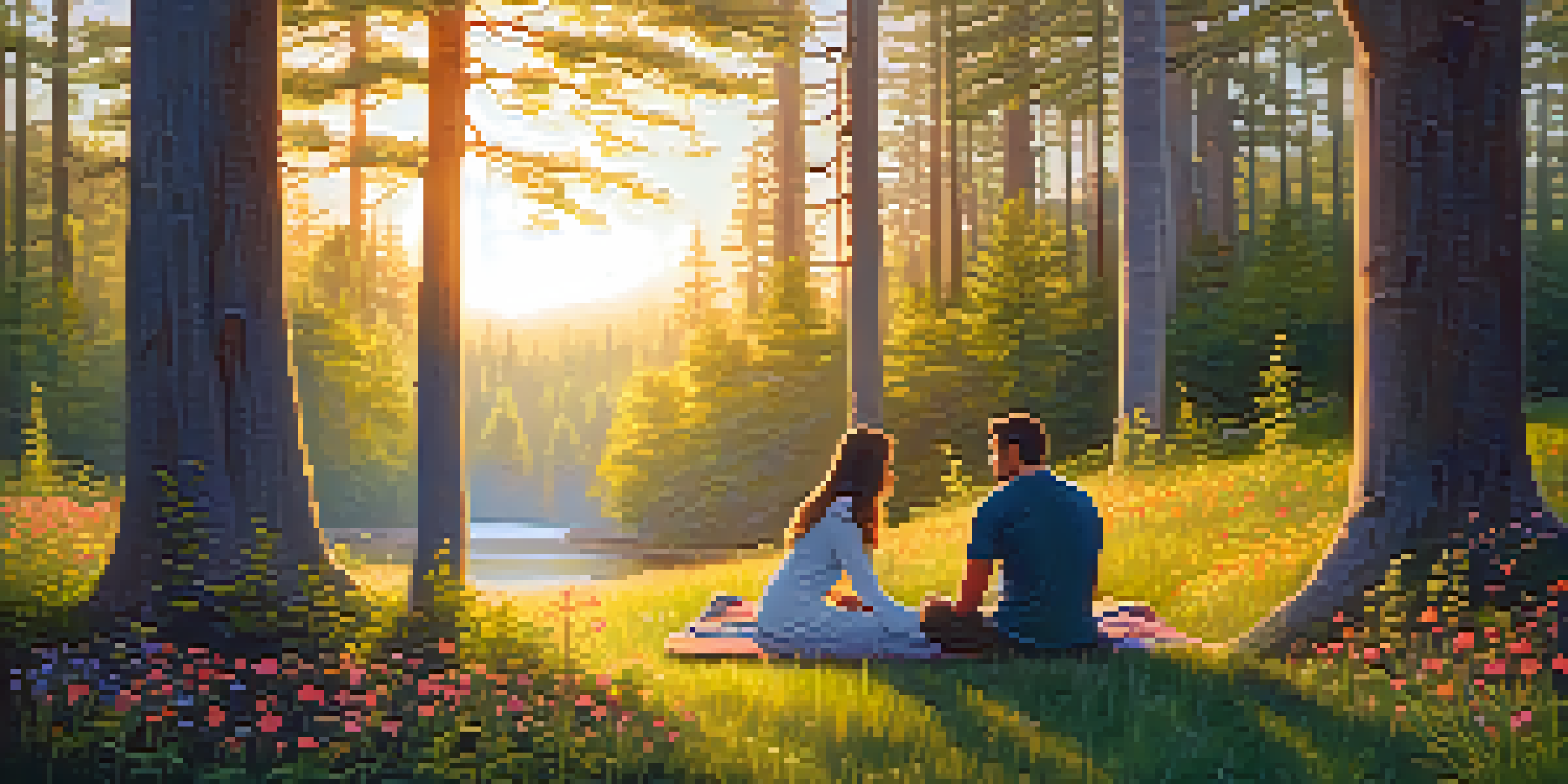 A couple sitting on a blanket in a forest at dawn, holding hands and talking, surrounded by blooming wildflowers.