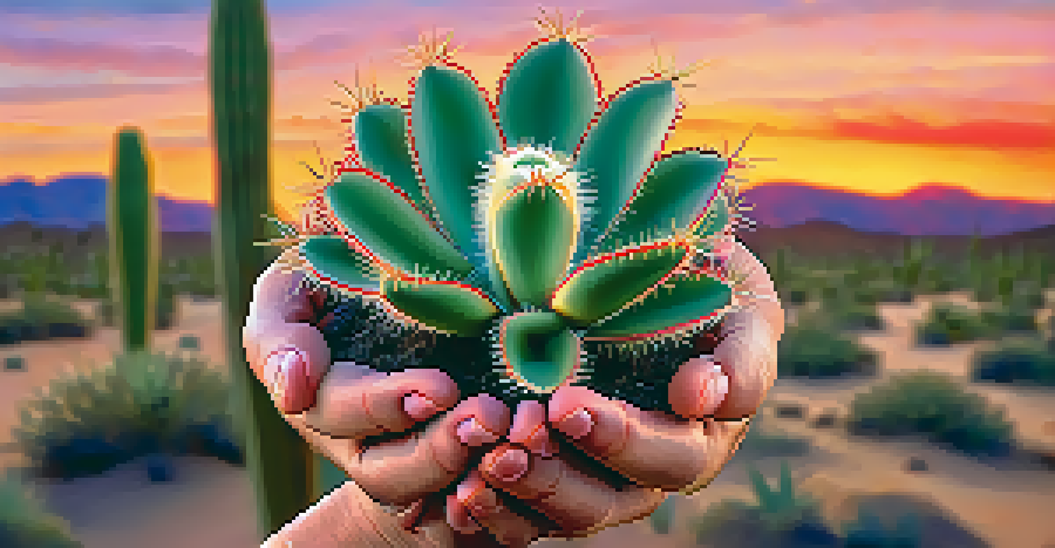 Close-up of hands holding a vibrant peyote cactus in a desert during sunset, showcasing the texture of the cactus and warm colors of the sky.