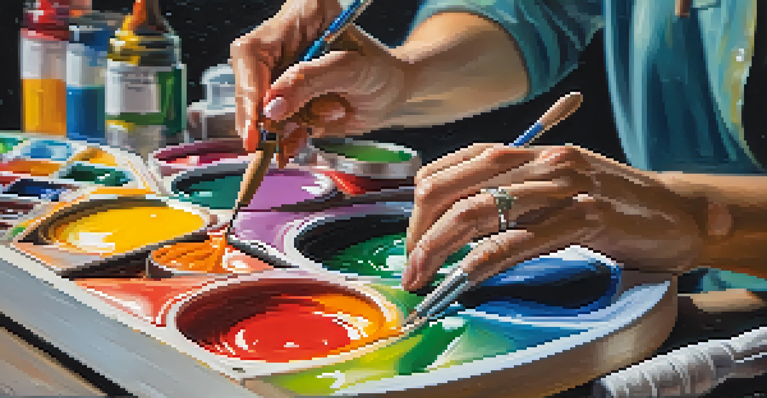 An artist mixing colorful paints on a palette with brushes and a canvas in the background.