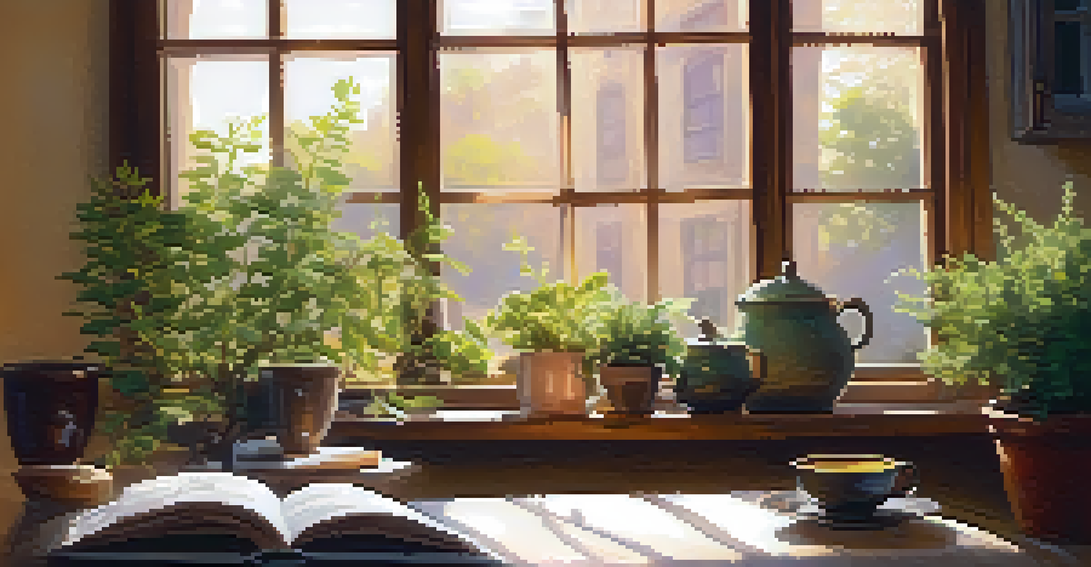 A person journaling by a window with sunlight, a cup of tea, and a plant, creating a warm and inviting atmosphere.