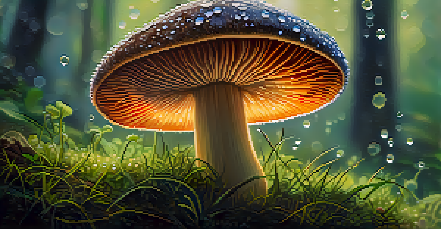 A close-up of a bright mushroom in a green forest, glistening with dew drops, surrounded by soft sunlight and blurred background.