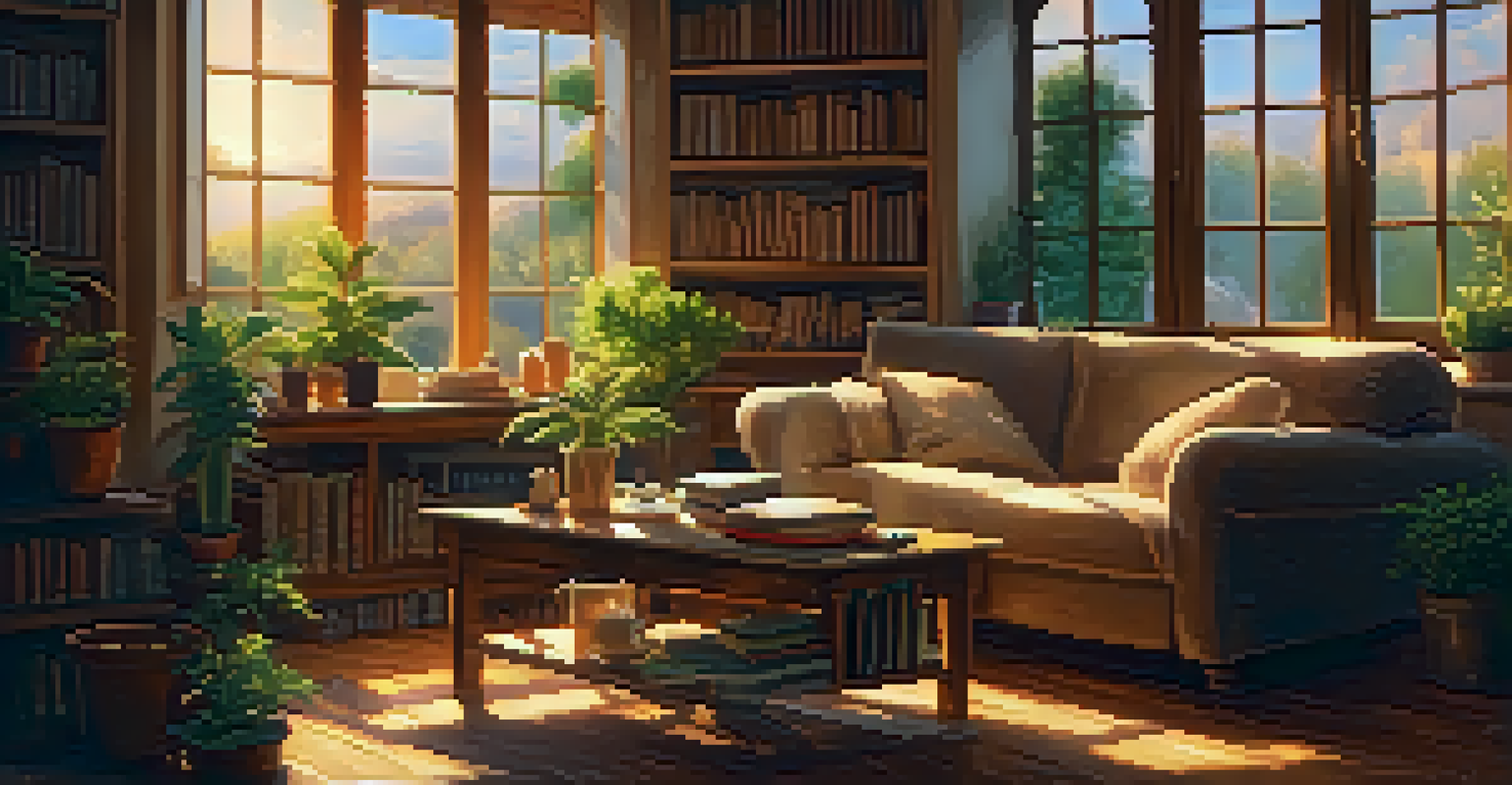 A cozy room with a person sitting on a sofa, surrounded by plants and books, with soft light and candles.