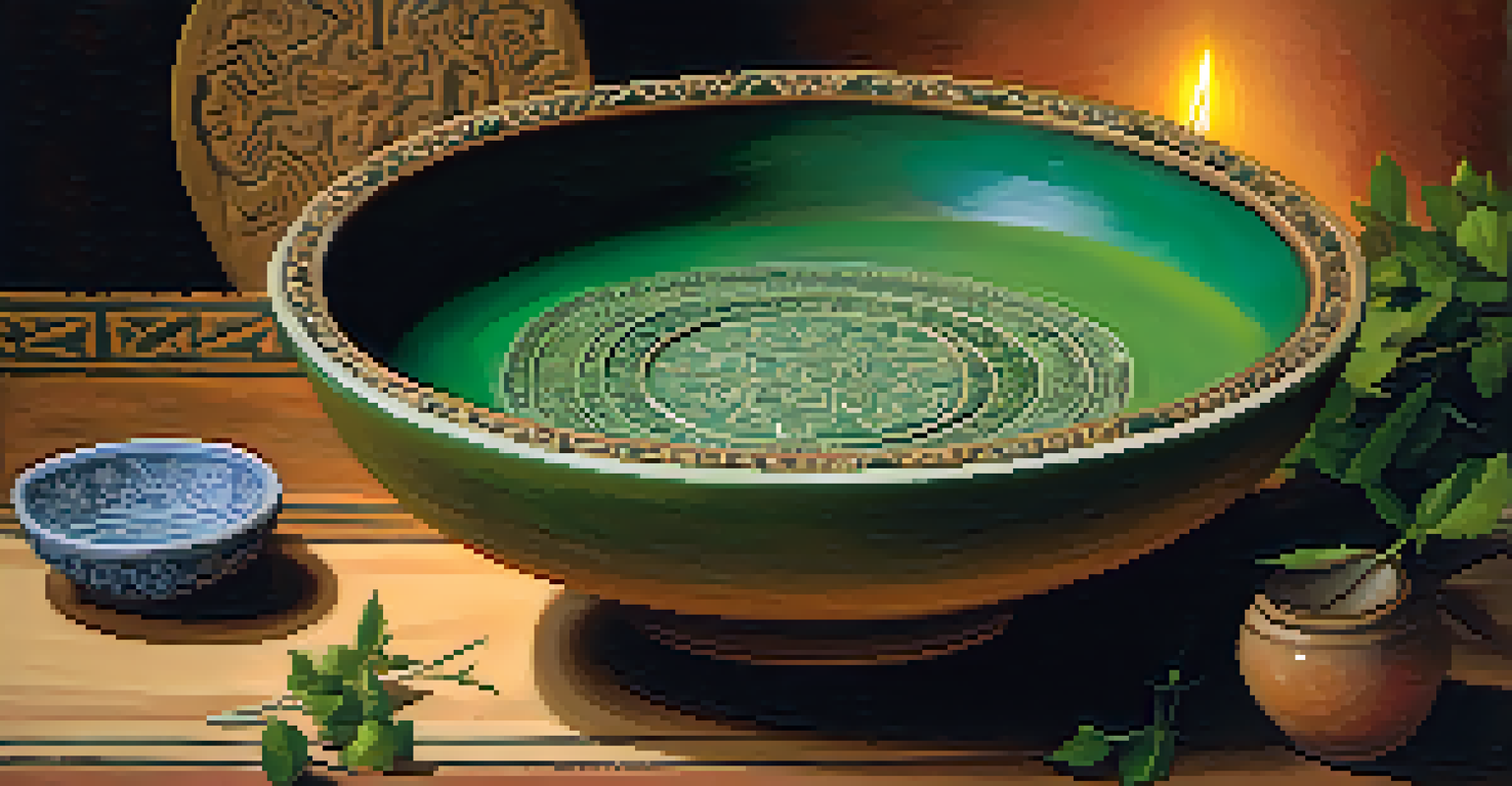 A close-up of a clay bowl filled with kykeon placed on a wooden table, surrounded by herbs and symbols of ancient spirituality.