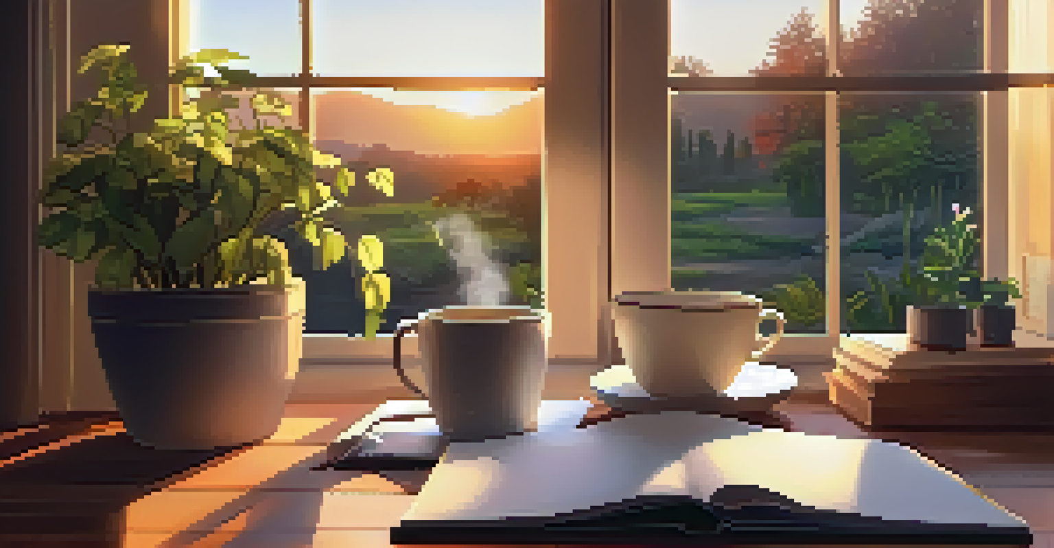 An inviting indoor space with soft lighting, plants, a journal, and a cup of tea, perfect for reflection and preparation.