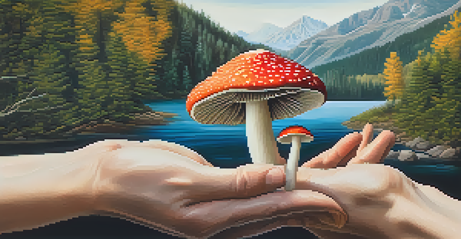 Close-up of hands holding a psilocybin mushroom with a blurred background of a tranquil nature scene, highlighting its texture.