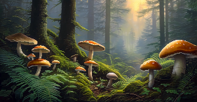 A peaceful forest at dawn with light shining through trees, featuring colorful mushrooms among ferns and moss.