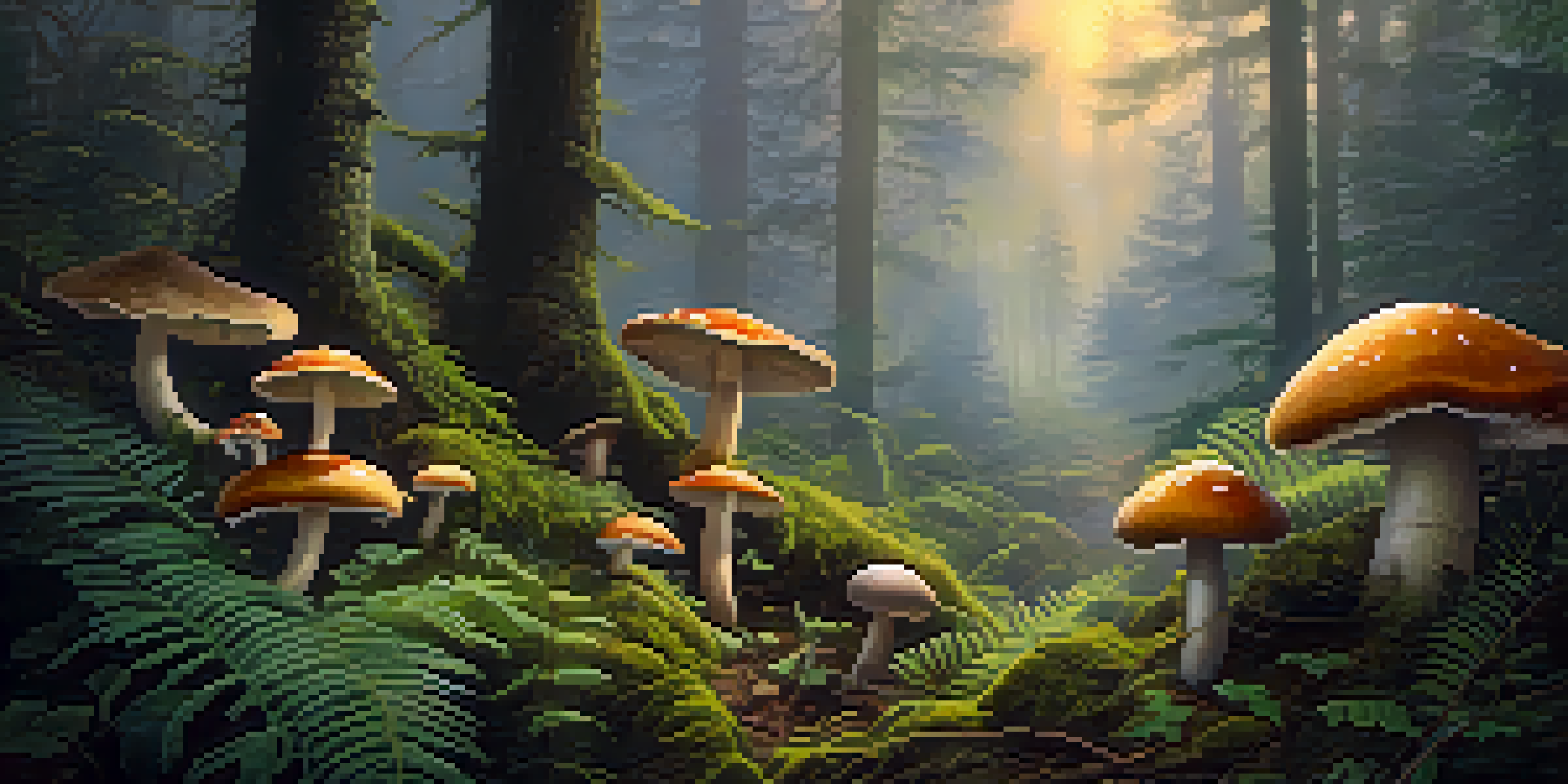 A peaceful forest at dawn with light shining through trees, featuring colorful mushrooms among ferns and moss.