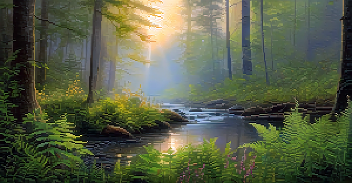 A peaceful forest at dawn with golden sunlight, mist, and a reflective stream surrounded by ferns and wildflowers.
