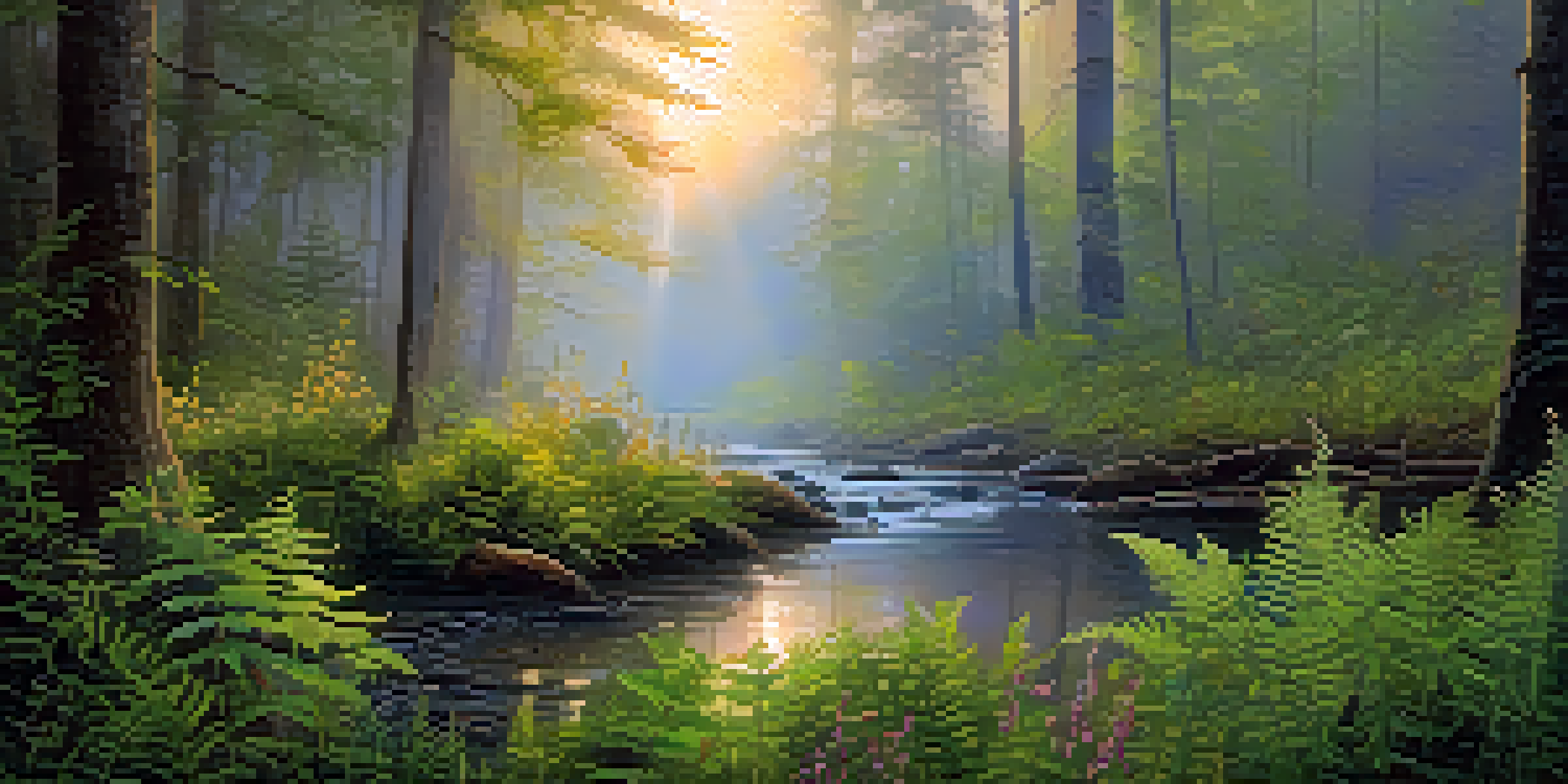 A peaceful forest at dawn with golden sunlight, mist, and a reflective stream surrounded by ferns and wildflowers.