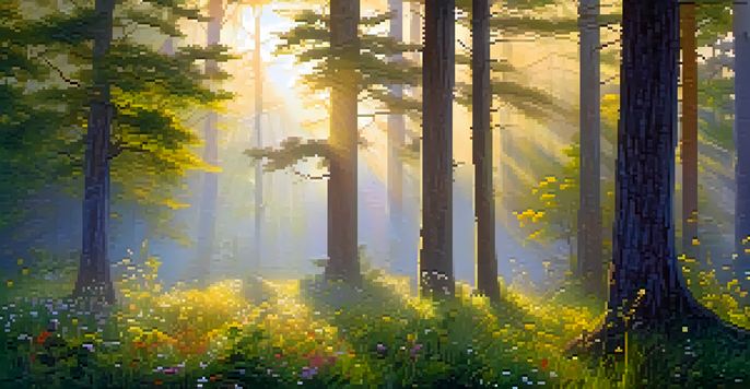 A peaceful forest scene during sunrise with mist, tall trees, and colorful wildflowers.
