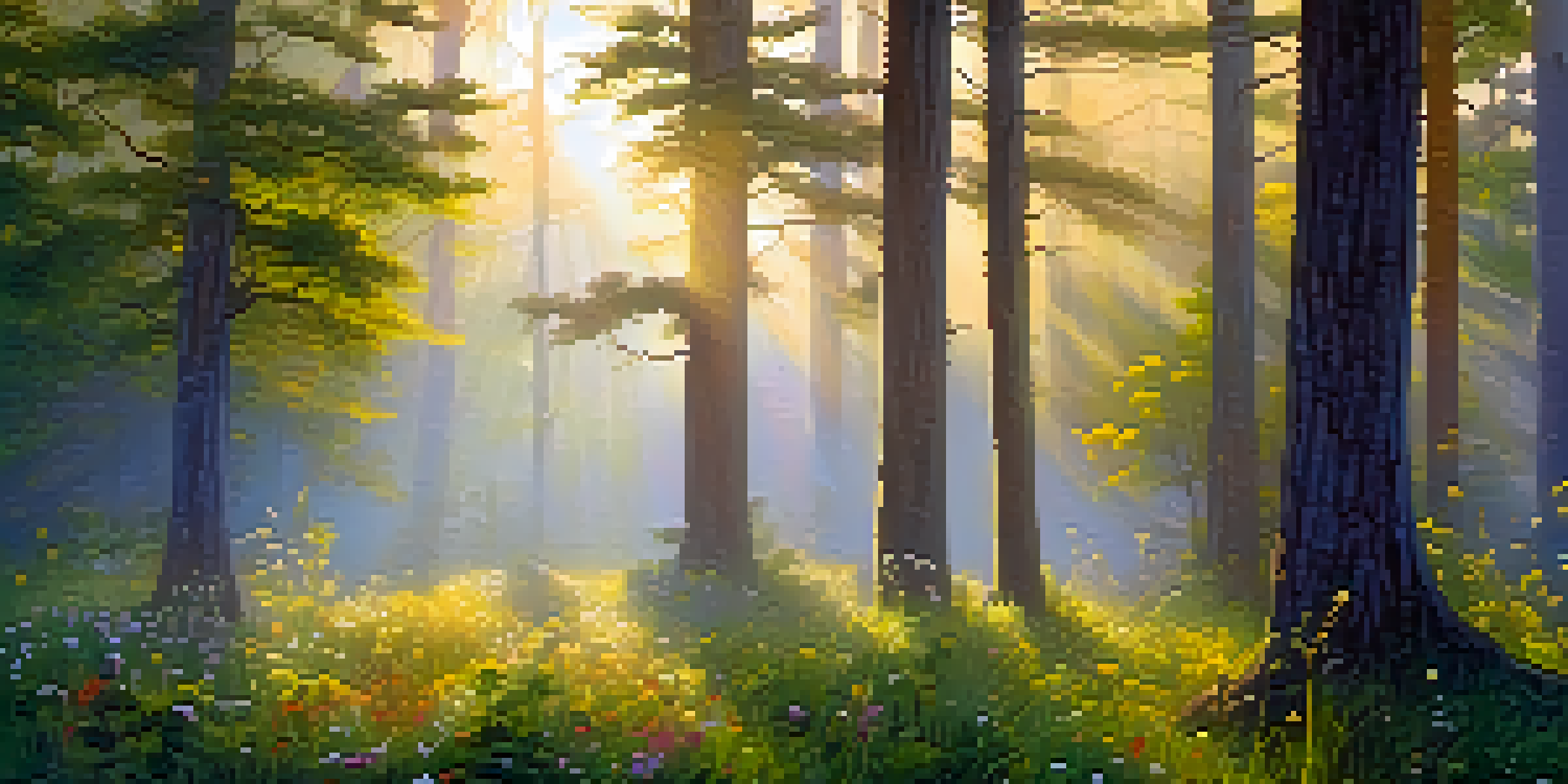 A peaceful forest scene during sunrise with mist, tall trees, and colorful wildflowers.