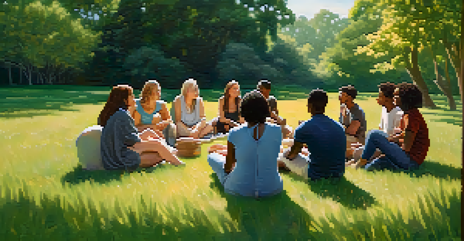 A diverse group of individuals sitting in a circle on grass, engaging in a joyful discussion surrounded by nature.