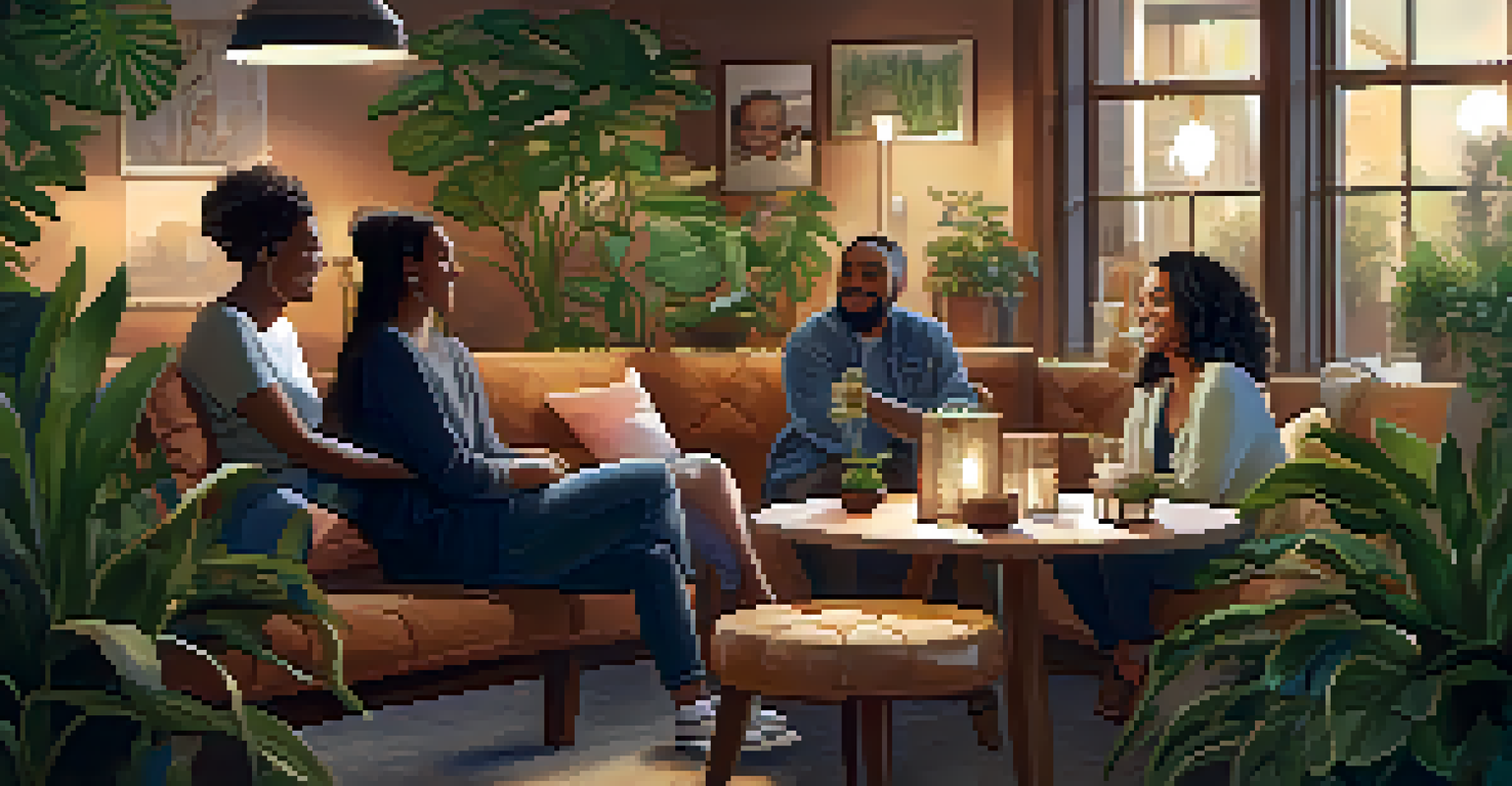 A warm group setting with diverse individuals engaged in conversation, surrounded by plants and comfortable seating, creating a sense of community.