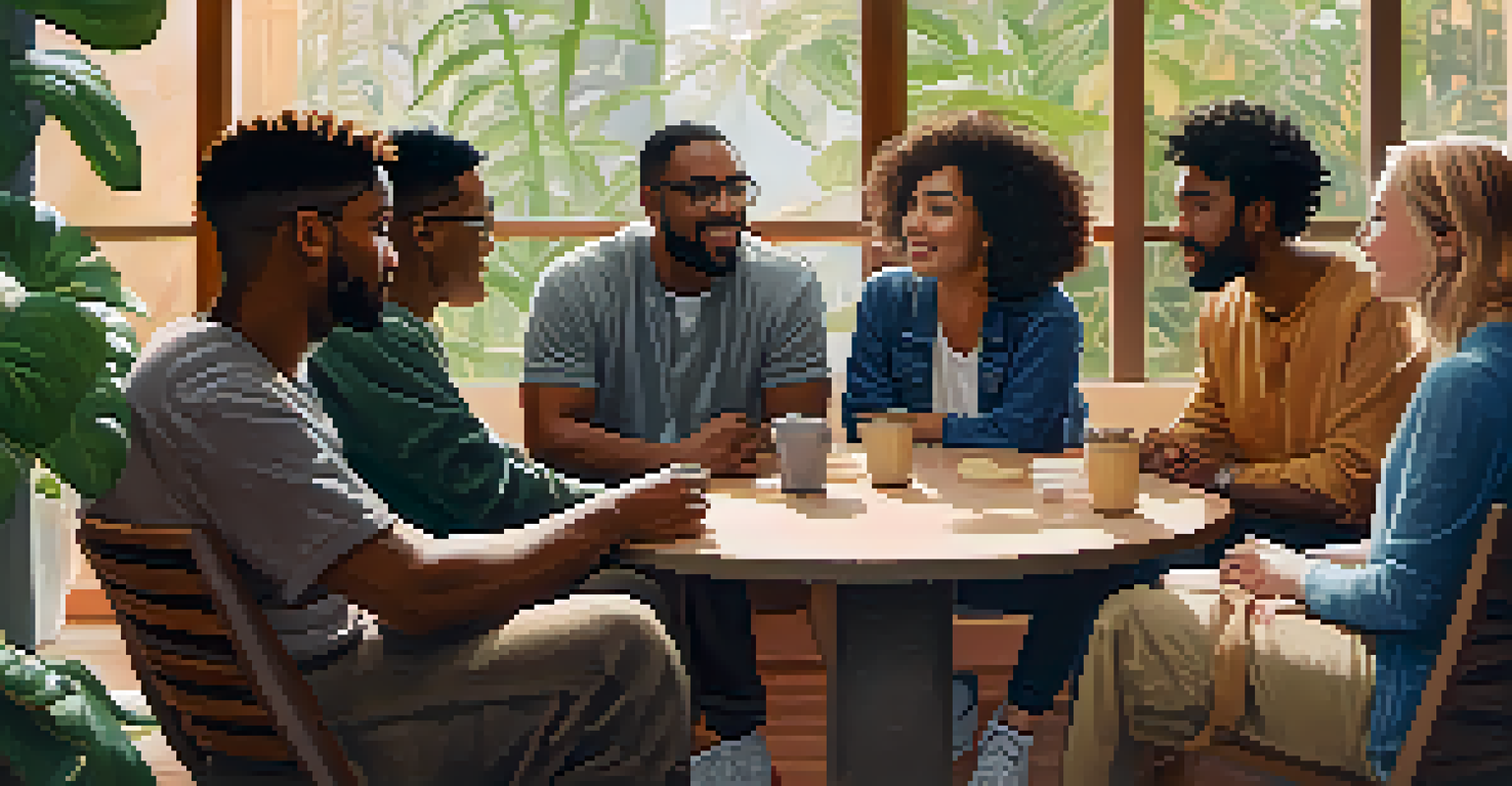 A diverse group of people sitting in a circle, talking warmly in a cozy room filled with plants and soft lighting.
