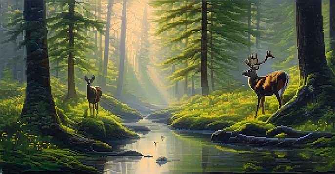 A peaceful forest at dawn with sunlight filtering through trees, a misty stream, and deer drinking water.