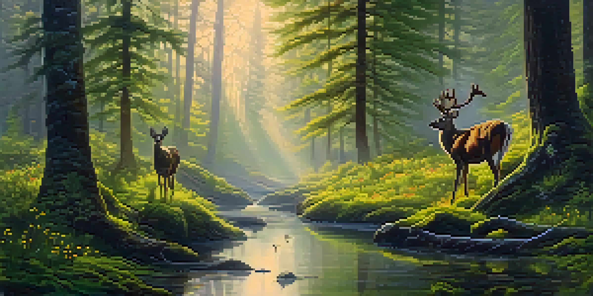 A peaceful forest at dawn with sunlight filtering through trees, a misty stream, and deer drinking water.