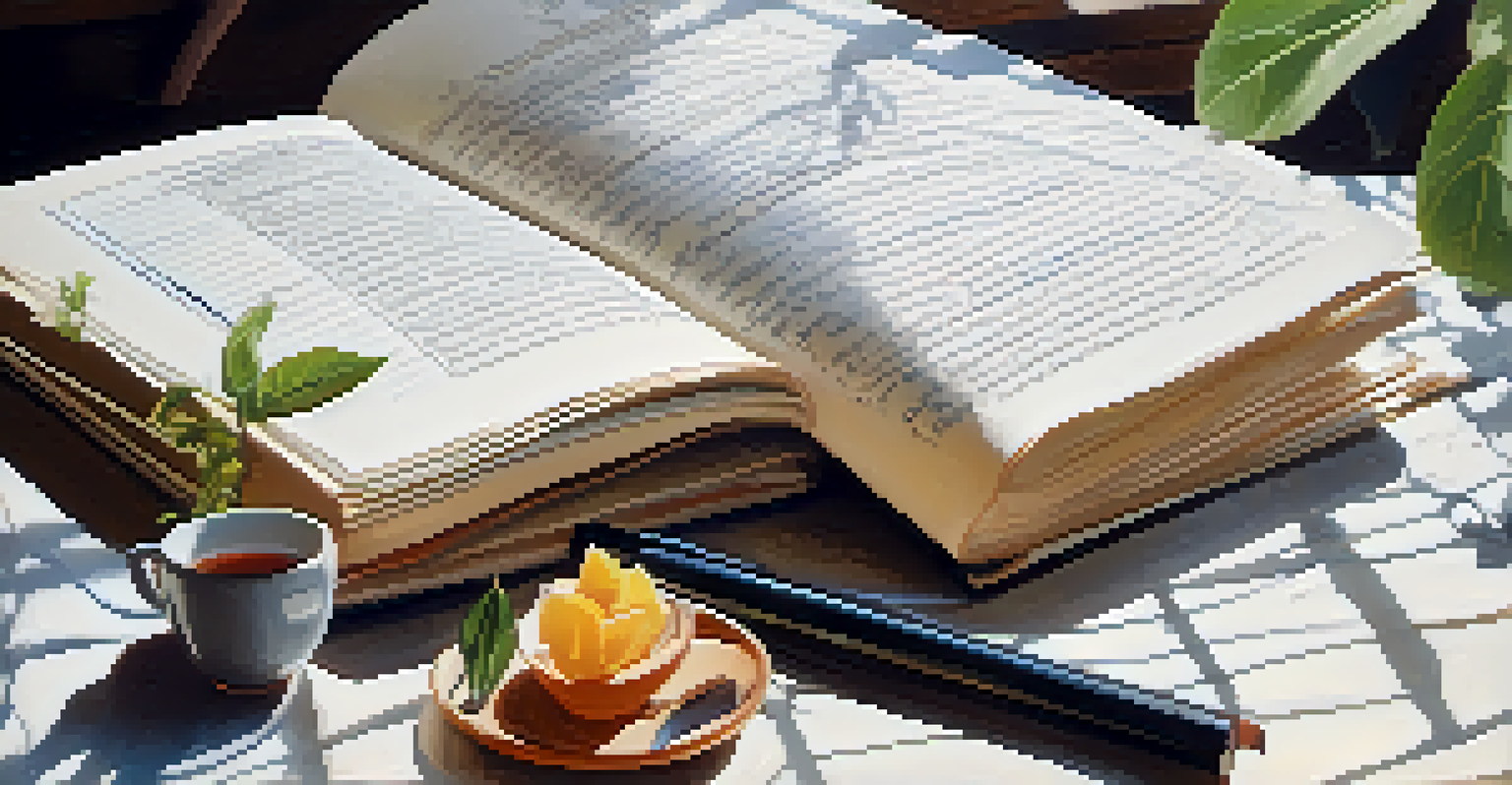 An open journal with notes and sketches, surrounded by leaves and a cup of tea, illuminated by soft morning light.