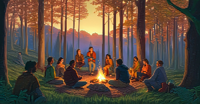 A diverse group of people gathered around a campfire in a lush forest at dusk, sharing stories and laughter.