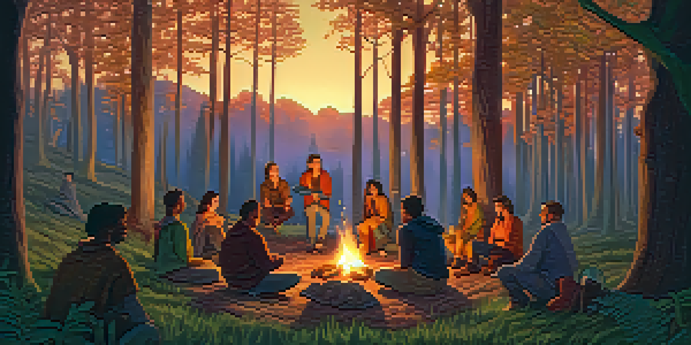A diverse group of people gathered around a campfire in a lush forest at dusk, sharing stories and laughter.