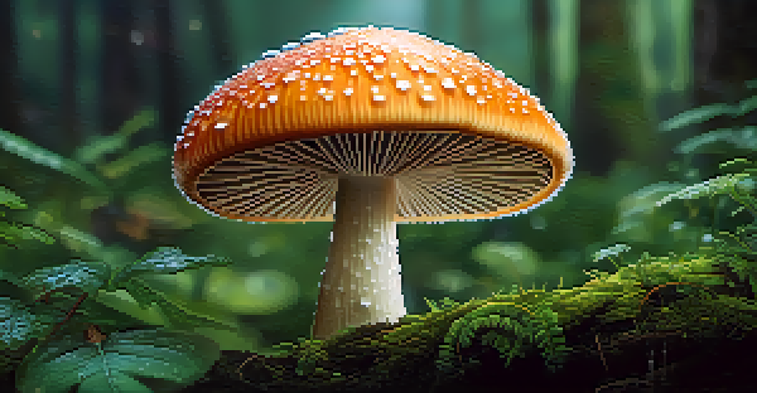 A detailed close-up of a psilocybin mushroom in a green forest, showcasing its unique features and dew droplets.