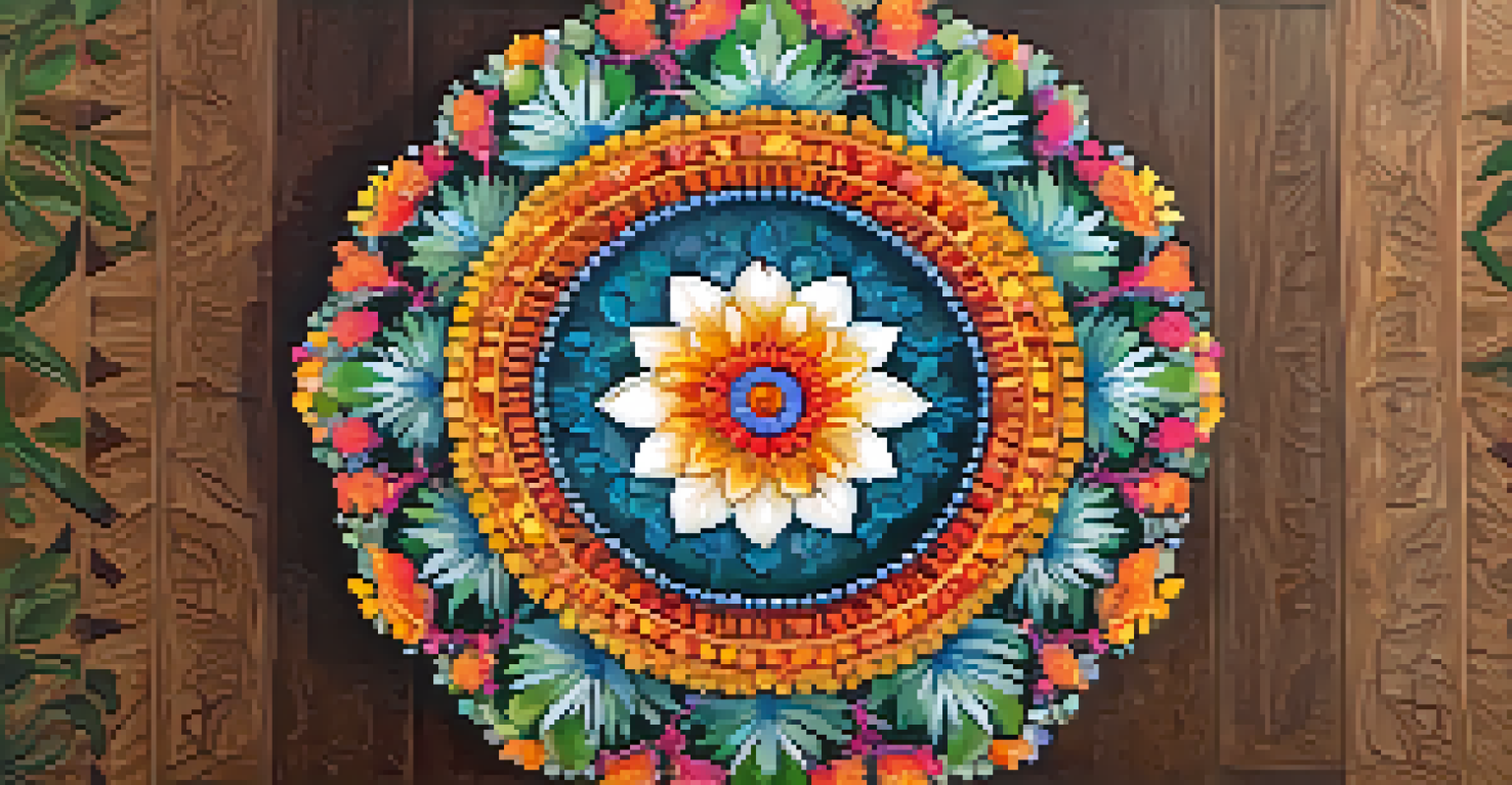 A colorful mandala made of natural materials on a wooden surface, illuminated softly.