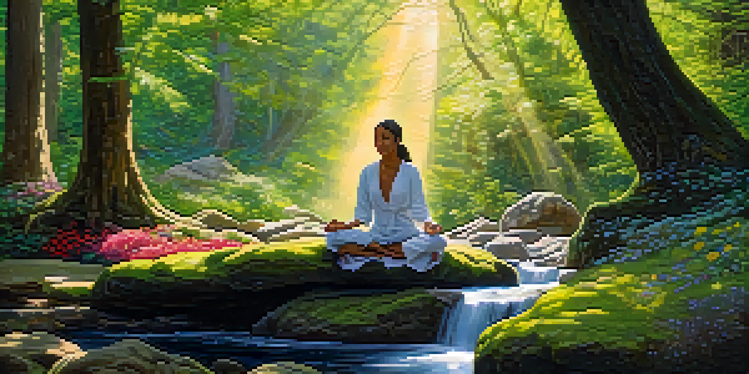 A peaceful forest setting with a person meditating on a mossy rock, surrounded by greenery and sunlight.