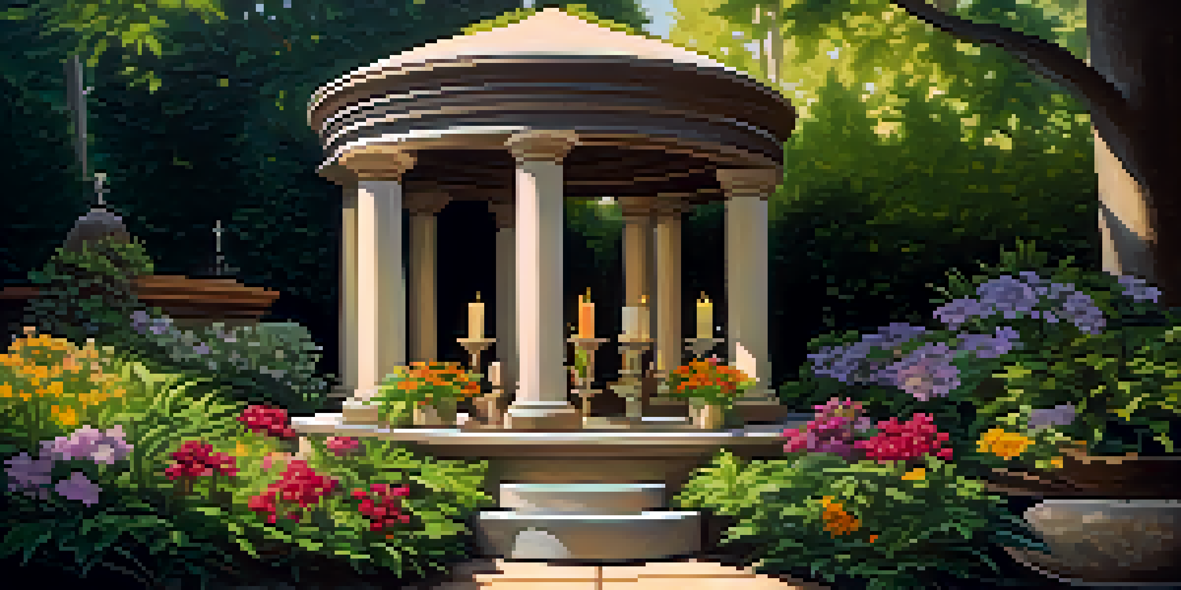 A tranquil garden with a memory altar featuring candles, flowers, and personal items, illuminated by soft sunlight filtering through the trees.