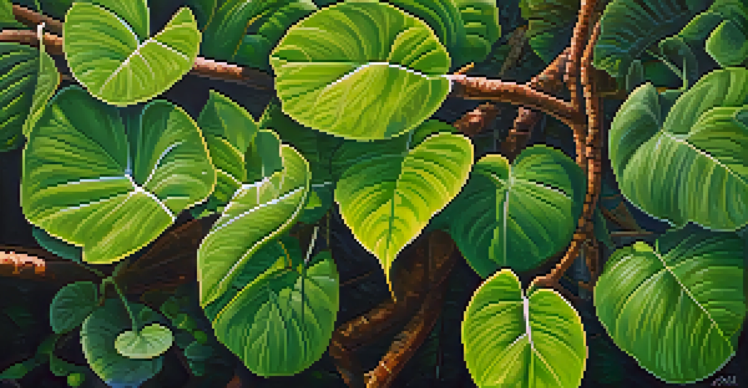 Close-up image of the Banisteriopsis caapi vine and Psychotria viridis leaves, with water droplets in sunlight.