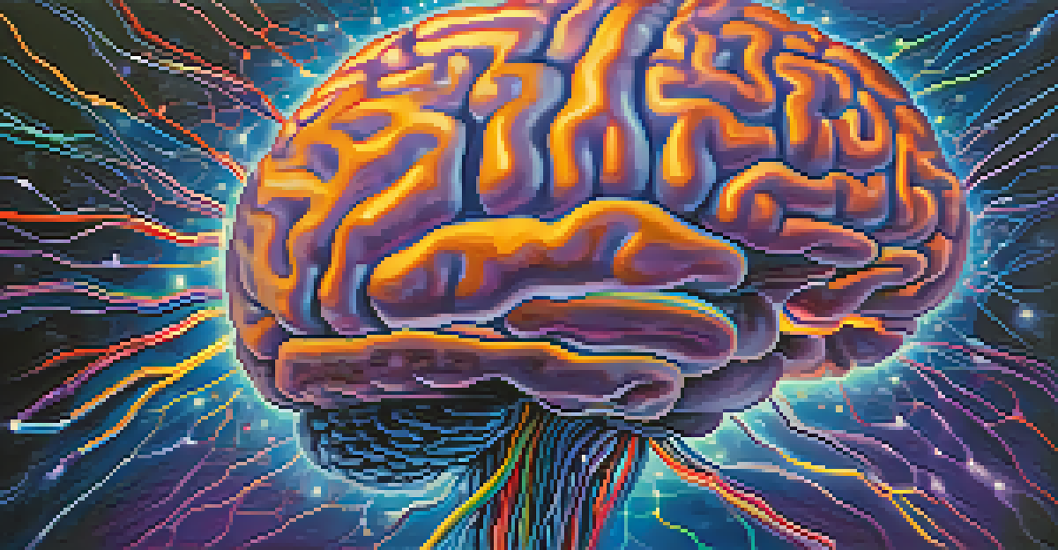 An abstract image of a brain with colorful neural pathways against a blue and purple gradient background, symbolizing altered states of consciousness.