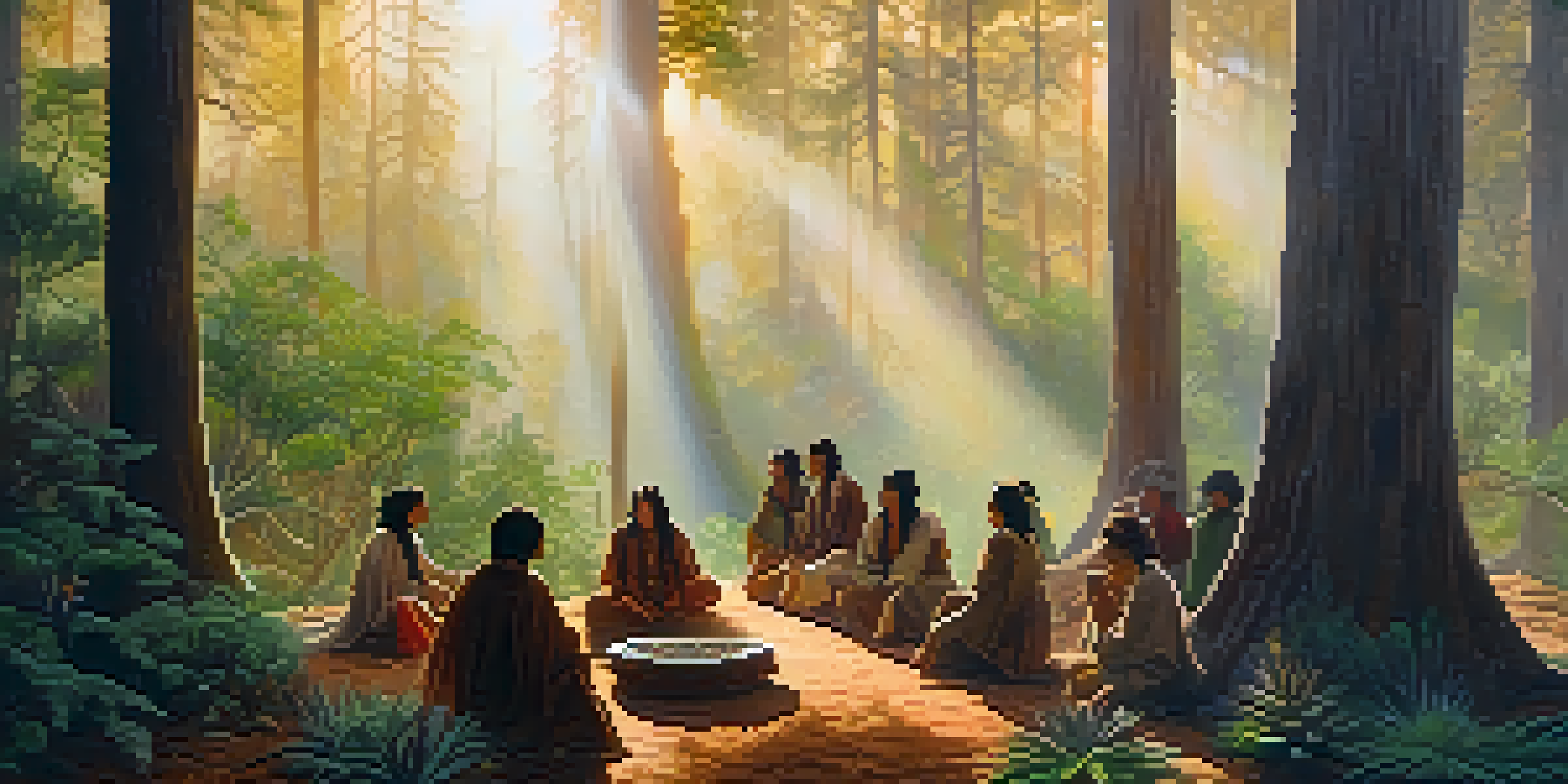 A peaceful forest at dawn with sunlight filtering through trees and indigenous people around a peyote cactus in a ceremonial gathering.