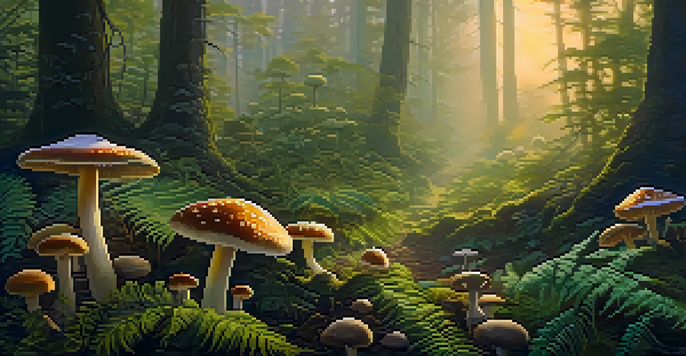 A tranquil forest at dawn with golden light, colorful mushrooms, and mist over green ferns.