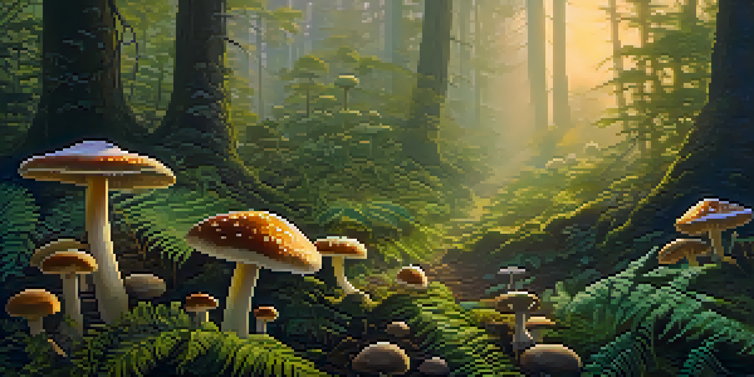 A tranquil forest at dawn with golden light, colorful mushrooms, and mist over green ferns.